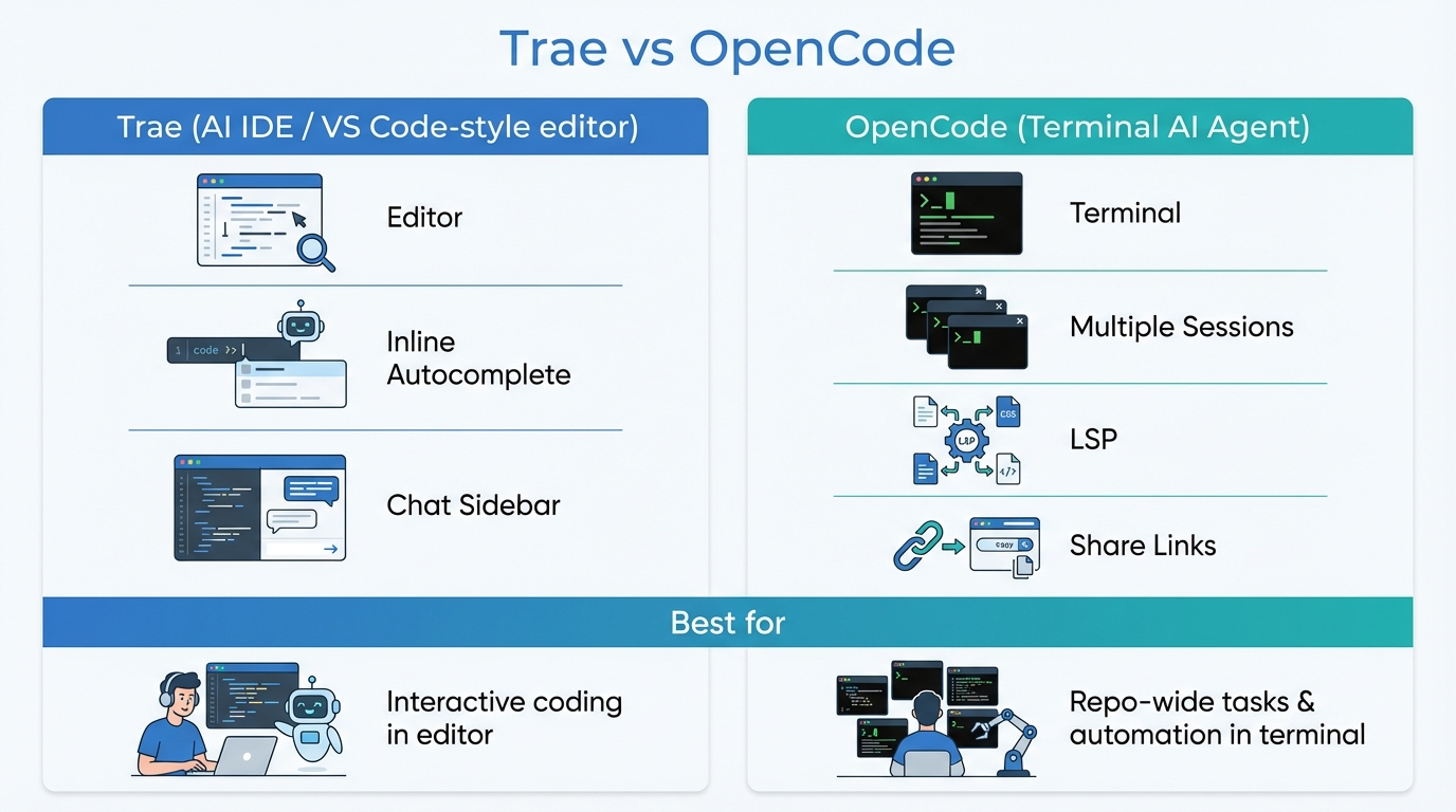 Infographic comparing Trae (AI IDE) vs OpenCode (terminal AI agent)