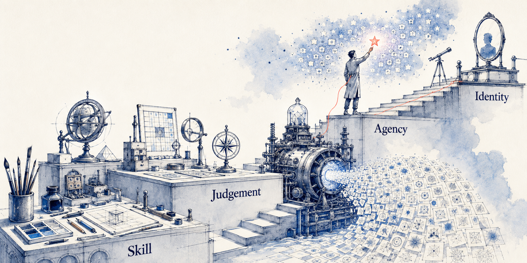 Editorial illustration showing creative value moving from Skill to Judgement, Agency and Identity in the generative AI era