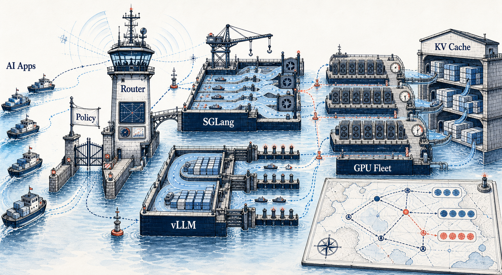 Harbor-style illustrated system diagram showing a router directing AI applications into SGLang, vLLM, GPU fleet and KV cache infrastructure